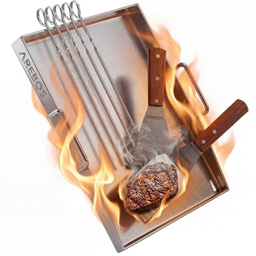 Arebos Grillplatta Rostfritt Stål 40x30 cm Plancha för Gasolgrill & BBQ | 4 mm Tjock | Värmetålig upp till 800°C | Fettavrinning | Inkl. 2 Stekspadar och 5 Grillspett | Diskmaskinssäker