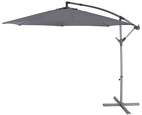 Blooma Parasol déporté 3M à suspendre avec manivelle, fonction inclinable et protection UV (grand cadre de base large, jardin, extérieur, 3 m) (gris)
