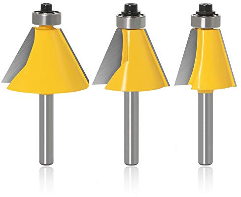 Mesee 3 Pieces Chamfer Edge Forming Router Bit Set, 1/4 Inch Shank Chamfer and Bevel Edging Cutter Bits with Bearing Guide Woodworking Cutting Tool - 15/22.5/30 Degree Cutting Angle