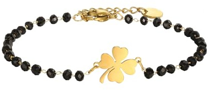 PengJin Bracelet porte-bonheur trèfle à quatre feuilles, acier inoxydable, avec perles noires, bracelet porte-bonheur simple