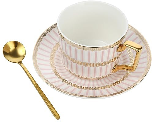 XUDREZ Set con tazza da tè e piattino in stile europeo, 250 ml, in porcellana Bone China, con piattino e cucchiaio dorato (rosa chiaro)