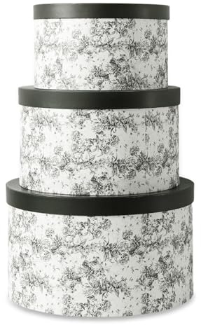Soul & Lane Floral Hat Round Boxes with Lids, Set of 3 Nesting Cardboard Hat Storage, Large Black Print Cases, Stacking Round Decorative Keepsake Boxes for Organizing