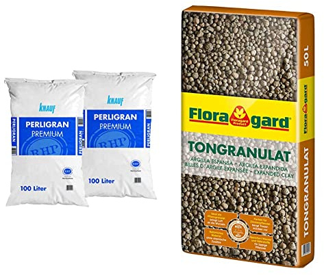 Knauf Gartenbau Perlite Perligran 2-6 mm 2x100 L • zur Erden- und Substratverbesserung • 200 L & Blähton Tongranulat zur Drainage - Hydrokultursubstrat - für Pflanzkästen, Kübel oder Töpfe - 50 L