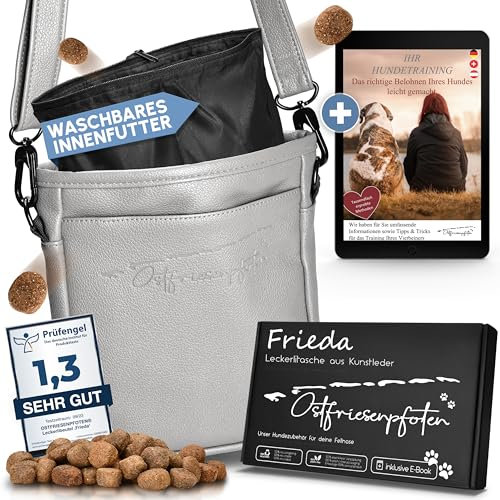 Ostfriesenpfoten® Leckerlibeutel 'Frieda' für Hunde aus hochwertigem Kunstleder - Grau Größe M - Futterbeutel mit EasyOpen Einhandmagnetverschluss - Gassitasche für Hunde-Leckerli
