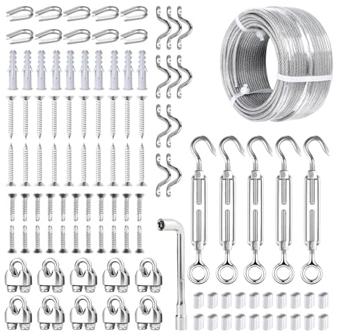 FSHIHINE Drahtseil-Set, Lichterketten-Aufhängeset, 3mm x 30 m, Vinylbeschichtetes verzinktes Stahlkabel, Ösenspannschloss Drahtseilspannung für Wäscheleinen, Gartendraht, Bilderaufhängen