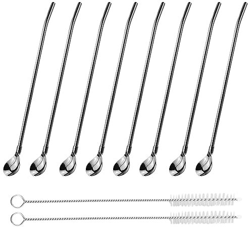 10 Stück Strohhalme Löffel Trinkhalme Löffel Edelstahl Wiederverwendbarer Strohhalm mit 2 Reinigungsbürsten Geeignet zum Trinken Milchshake Smoothies Milchshakes Kaffee
