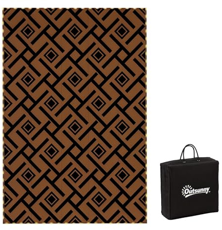 Outsunny Reversible Outdoor Rug with LED String Lights, Waterproof Plastic Straw Mat with Carry Bag for Garden, Deck, RV, Picnic, Beach, Camping, 182 x 274cm, Brown and Black