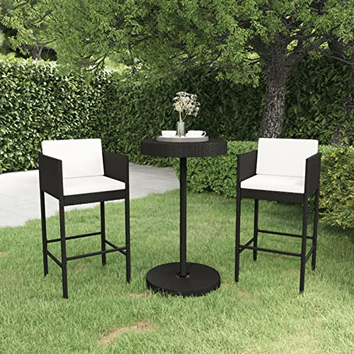 Rantry 3-TLG. Gartenbar-Set Bartisch Barstuhl Theke Bar Tresen Stehtisch Barhocker Gartentheke Gartentisch Gartenmöbel Set Essgruppe Sitzgruppe Gartenset mit Kissen Poly Rattan Schwarz