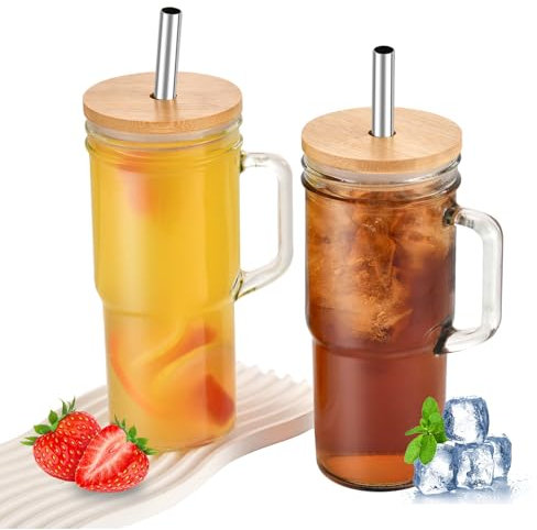 hosck 2 Stück Gerippte Glasbecher mit Deckel und Strohhalm, 720ml Eiskaffee Gläser, Spülmaschinenfeste Tassen, Mason Pot Edelstahl Strohhalm und Bambusdeckelbecher Kaffeetasse