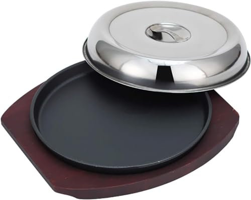Plato para bistec chisporroteante con base de madera Plancha de hierro fundido Sartén Plato para servidor, fuente para bistec con cubierta de acero inoxidable Uso en el hogar o restaurante -24 cm