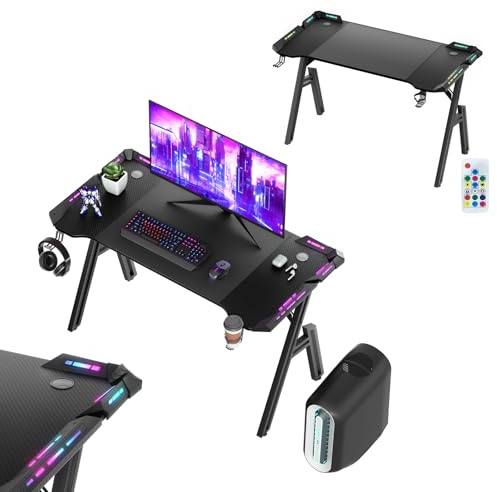 UISEBRT Scrivania da Gaming 120 x 60 cm Tavolo da Gamer Tavolo a Forma di A con Superficie in Fibra di Carbonio, Scrivania per Computer con Luce LED RGB, Scrivania Ergonomica ad Angolo con Gancio per