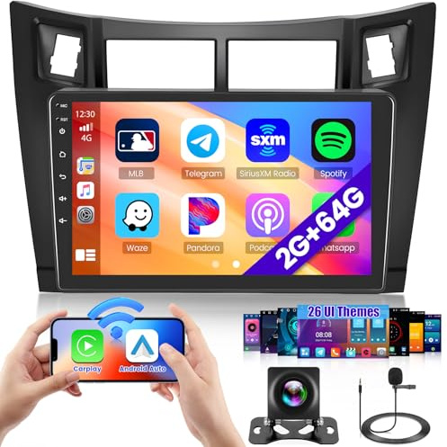 [2G+64G] Hikity Autoradio Android 15 pour Toyota Yaris 2005-2011, Carplay sans Fil Android Auto 9'' Poste Radio avec GPS, WLAN, Bluetooth, Mirror Link, FM/RDS, MIC, SWC, Caméra de Recul