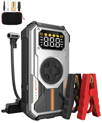 Eigotrav Avviatore Batteria Auto con Compressore 150PSI 6000A Avviatore Emergenza per Auto (Fino a 7,5L di Benzina/6,0L di Gasolio) 12V 3 Modalità Torcia Ricarica USB Booster Avviamento Portatile