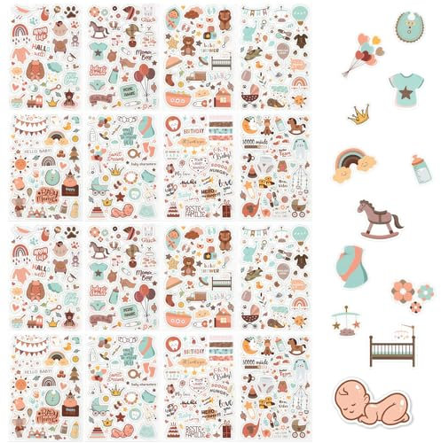 GmwyCzV 4 Pièces Autocollants pour Enfants, Sticker Naissance Bébé Album Photo, Marron Stickers pour Album Bébé, Autocollant Scrapbooking pour Baby Shower, Fille, Garçon, Cadeau, Scrapbooking