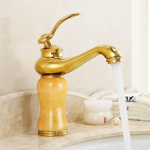CCKUHN All Copper Natural Jade Sink Basin Hot and Cold Water Faucet Gold Splash Proof Faucet, Gold-Topaz Model