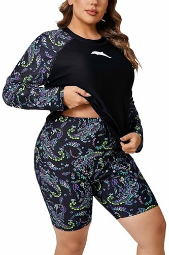 Halcurt Women's Built in Bra Long Sleeve Rash Guard Plus Size 2 Piece Swimsuit Shirt and Shorts, Black Paisley, 3X