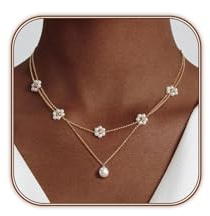ZephyrHome Collar de margaritas y perlas para mujer en oro de 14 quilates, collar de doble capa con colgante de perla, elegante de, regalo para mujer, para ocasiones especiales.