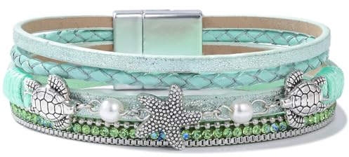 FANCY SHINY Turtle Starfish Leather Wrap Bracelet Boho Rhinestone Pearl Cuff Bracelet with Magnetic Clasp for Women Cute Stackable Layer Summer Ocean Beach Jewelry Gifts(Green)