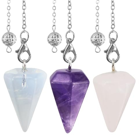 Lot de 3 pendules en cristal améthyste quartz rose clair pour divination pendule pendule cristal pierres précieuses cône pendentif Reiki Wicca Witchcraft Supplies