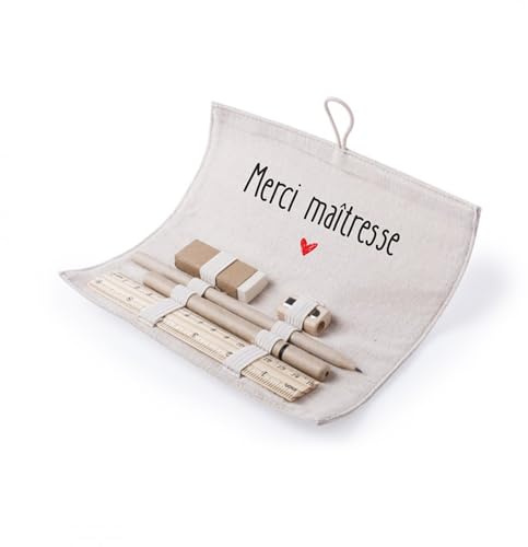 Set d’écriture dans pochette en jute et coton – Cadeau fin d’année pour maître ou maîtresse – Règle en bambou, crayon, stylo, taille-crayons et gomme, cadeau maitresse (Maîtresse)