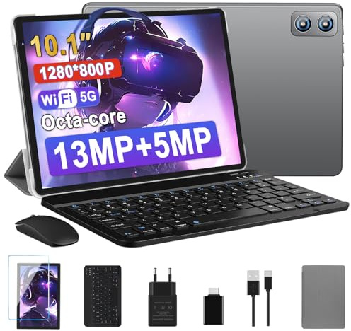 Biegedy WOZIFAN Tablette 10 Pouces Android Tablette，2.0 GHz Octa-Core 6GB RAM + 128GB ROM (TF 1TB)，8000mAh/5GWiFi/Bluetooth 5.0/GMS/13MP+5MP/1280 * 800, Tablette Tactile Clavier et Souris-Gris