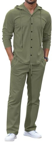 Oanviso Uomo Completo Camicia E Pantaloni Lunghi Set Due Pezzi Leggero Completi Moderni Tempo Libero Casual Lavoro Abbigliamento da Spiaggia a Verde Militare XL