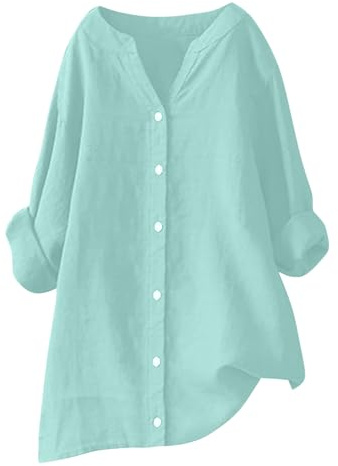 Chemise Lin Femme Manches Longues Chemisier Coton Et Lin pour Femmes Col V Boutonné Top Manches Enroulables Hauts Décontractés Couleur Unie Tuniques Blouse Lâche Respirant T-Shirts Grande Taille