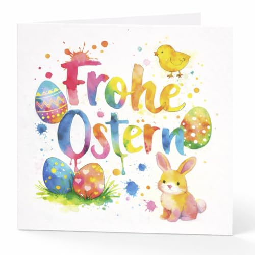Personalisierte bunte aquarell Osterkarte/Osterhase Ostereier Osterküken Osterdeko/Postkarte mit Spruch, Premium Klappkarte 14 x 14 cm inkl. schönem Kuvert, Jesus