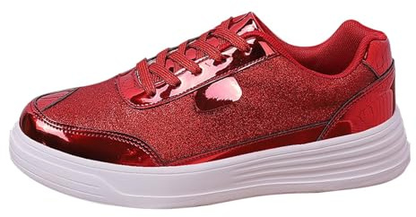 Paljettskor, dam, sneakers och sportskor för kvinnor, glitter, vinter, festliga joggingskor, platta löparskor för gata, lätta promenadskor, glänsande, vandringsskor, bekväma arbetsskor, röd, 42 EU