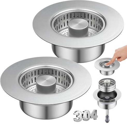 2 Piezas Tapon Fregadero Cocina 3 En 1 Tapón Fregadero Apto para Fregaderos con Diámetros De Orificio De 75-87 MM Y Profundidades Superiores a 37 MM Acero Inoxidable 304 Plata