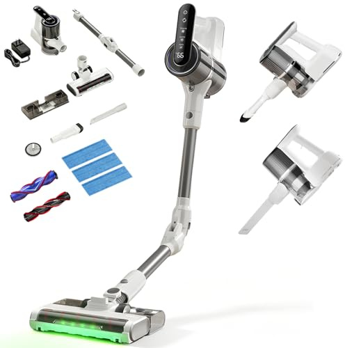 MidingChai Aspiradora sin Cable, 15000Pa/40000RPM/30Min, Aspiradora y Fregona Autoportante con Tubo Plegable, Luz Verde, Filtración Antialérgica, para Pelo de Mascotas, Alfombras, Suelos Duros, Coche