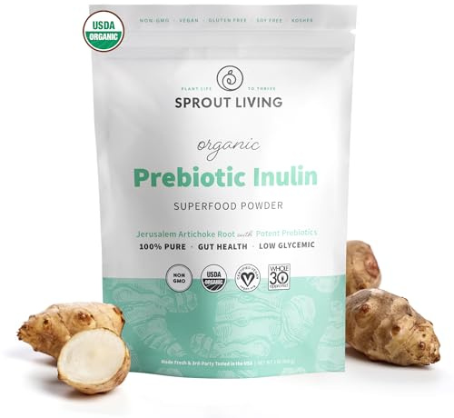 Sprout Living Organic Inulin with FOS Prebiotic Powder, Soluble Fiber for Leaky Gut, Bloating, Digestion, Feed Friendly Bacteria (Probiotics), 1 Scoop Daily, 1 lb (90 Servings)