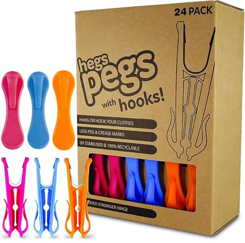Hegs - The Smartest Heavy Duty Clothespins with Hooks (24 Pack Orange, Pink, Blue) - Hang 3 Garments at Once with Our Tough, Dual Hooks Clothes Pins with Anti-Rust Spring - Tough, Colorful Clothespins
