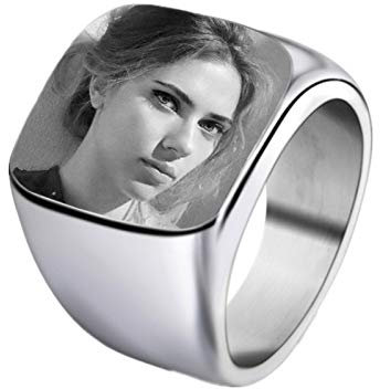 Coudf Gravierte Foto Ring Geschenke Personalisierte Bild Siegelringe Individuell gravierte Edelstahl Siegelringe Vatertag Fotogeschenke Personalisierte Geschenke für Männer(Silber 8)