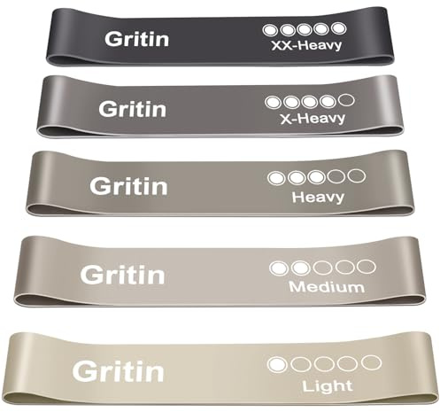 Gritin Resistance Bands, Set of 5 Skin-Friendly Resistance Fitness Exercise Loop Bands with 5 Different Strength Levels - Carrying Case Included - Ideal for Home, Gym, Yoga, Training