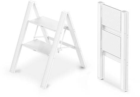 WOA WOA 2-stufige Leiter, Faltbarer Tritthocker, Aluminium, leichte Leiter für Zuhause, Küche, Schrank, rutschfeste Pedale, einfach zu Falten, tragbar, 136 kg Kapazität, Weiß