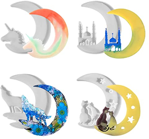 DIYBravo 4 Stücke 3D Mond Silikonform Epoxidharz Halbmonde Resin Silikonform Einhorn Wolf Epoxy Form Ornamente Katze Schloss Resin Moulds für Autodekoration, Geschenk