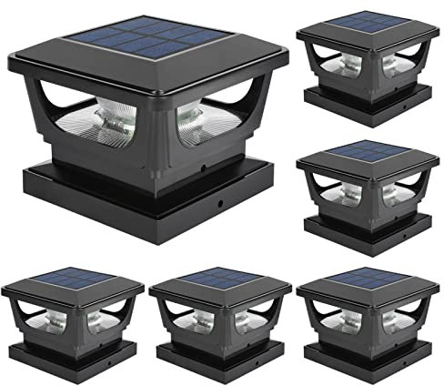 FVTLED Solar Post Cap Lights Outdoor, 6 Pack Solar Post Light for Patio Fence Deck Garden Decor, IP65 Waterproof High Brightness Cool White 6500K LED Lighting, Fits 3x3, 4x4 Wooden Posts (Black)