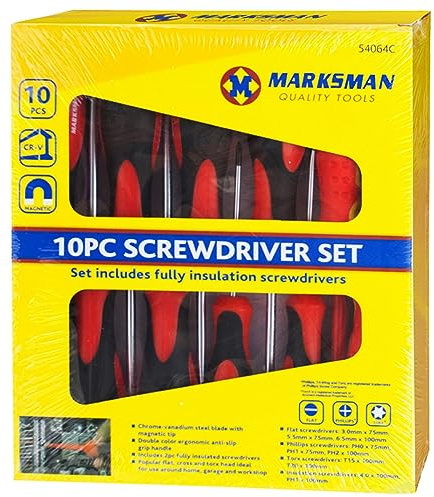 10x Marksman Fully Insulated Screwdriver Set | RED & Black | Flat | Phillips | Torx | DIY | Electrician Hand Tools | Anti-Slip Grip Handle | Assorted KIT | Workshop | Garage | Repair | UK Free P&P