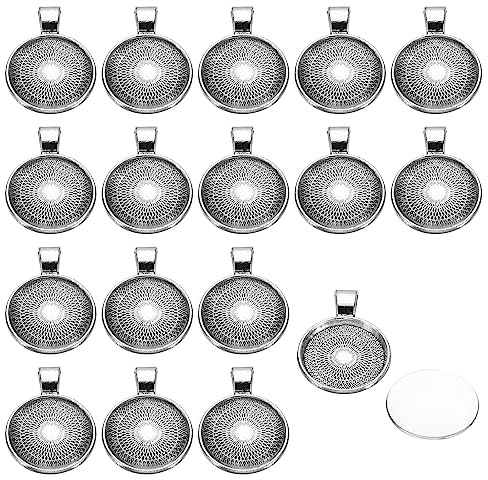 PATIKIL Anhänger Schalen mit Durchsichtigen Glas Cabochons Set mm Runde Bezel Schalen Anhänger Kuppel Kacheln für Foto Anhänger Schmuck Herstellung Silber Grau