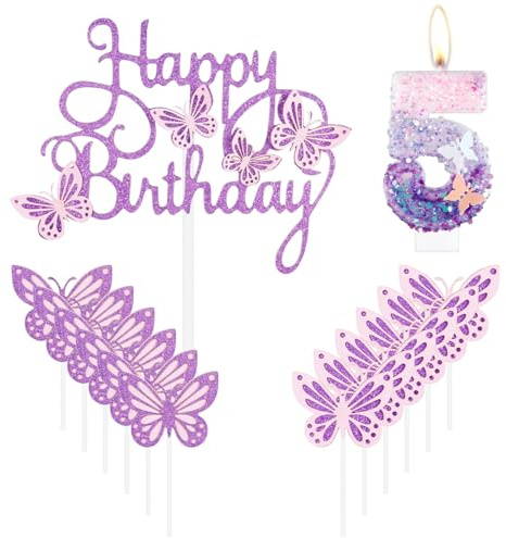 Geburtstagskerzen Happy 5th Butterfly, rosa lila Zahl 5 Kerze mit Schmetterlingskuchen, Cupcake-Topper für Mädchen, Kuchendekorationen zum 5. Geburtstag, niedlicher 5. Geburtstag Kuchenaufsatz für
