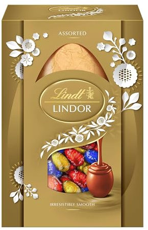 Lindt LINDOR Huevo de Pascua de chocolate con leche, relleno de pequeños huevos de pascua Lindor de chocolate con leche, chocolate blanco y chocolate negro, figura de pascua, cremoso y suave, 215gr