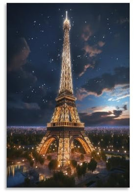 NAHCBIOT París de noche Cuadros En Lienzo Decoracion De Pared Modernos Mural Para Salon,Torre Eiffel Dormitorio,Baño,Comedor 12x18inch(30x45cm)