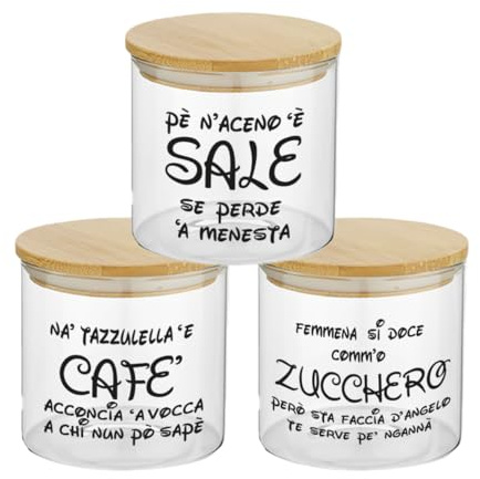Set Tris Contenitori per Sale Zucchero Caffè Personalizzati con Simpatiche Frasi Napoletane Confezione 3 Barattoli Trasparenti In Vetro Coperchio Legno Idea Regalo Arredo Decorazioni Casa Cucina