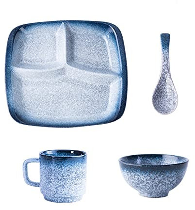 Portionskontrollteller und Schüssel Combo für Gewichtsmanagement, 284 ml Tassen, 11,4 cm Reisschalen mit Löffel, geteilte Teller für Erwachsene, Frühstück, Retro-Design, langlebiges Geschirr