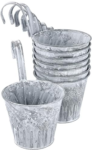 SEUNMUK 8 PCS Gray Metal Galvanized Iron Hanging Plant Buckets, 11.5 x 9.5 cm Vintage Hanging Flower Pots with Fixing Hooks for Fence, Garden, Courtyard Decor, No Drainage Hole