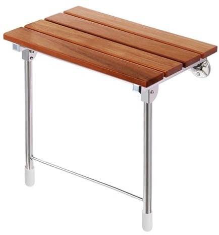 Foldable 21.5 Teak Wood Shower Seat Bench with Supporting Legs, 400lb Capacity, Clear Coated for Extra Protection, Folding Wall Mount Modern Chrome, Sturdy Medical Fold Up Bathroom Stool Chair