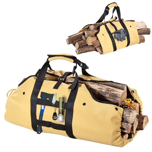 CLESOO 2 en 1 Bolsa para Leña Impermeable - Cesta para Leña de Lona Encerada, Bolsa de Transporte para Leña de Gran Capacidad con Asa, Accesorios Chimeneas de Leña para Interior y Exterior de Camping