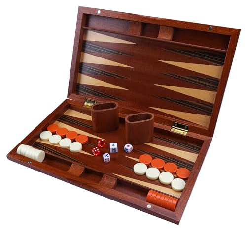 Brown Wooden Backgammon Set - 15 inches Folding Classic Board Game for Adults and Kids, Portable and Travel Backgammon Set with Playing Pieces and Strategy & Tip Guide