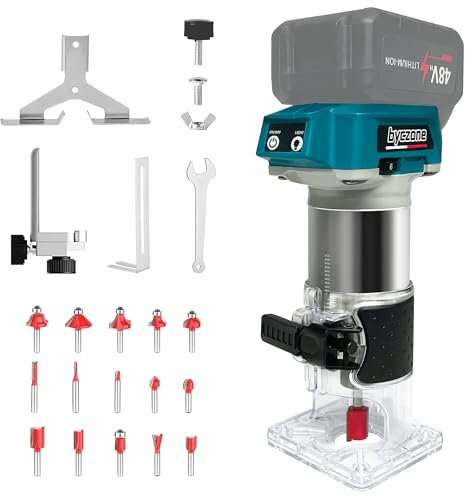 bycpower Akku Oberfräse für Makita 18V Akku, 30000 U/min Akku Kantenfräse Set mit 6 Geschwindigkeit, 800W Bürstenloser Einhandfräse Tragbarer Handfräser mit 15 Stück 1/4 Fräser Set(Ohne Akku)